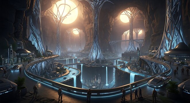Futuristic underground city featuring glowing crystal trees and cascading waterfalls within a vast dark cavern with modern architectural structures