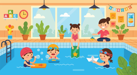 Fototapeta premium This vector illustration features children and a teacher enjoying various fun water activities at a colorful indoor swimming pool classroom.