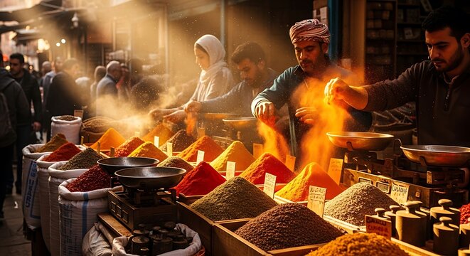 Middle eastern spice market vendors selling colorful aromatic powders in a bustling traditional outdoor bazaar with golden atmospheric sunlight rays