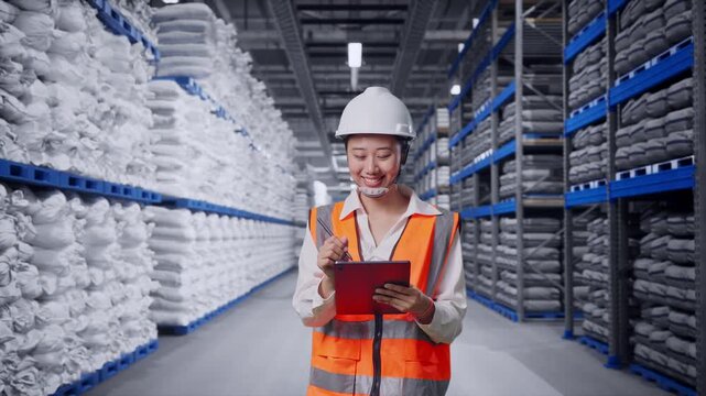 Front View of Asian Female Engineer Taking Note on Tablet While Walking at Warehouse storage with stacked white sacks
