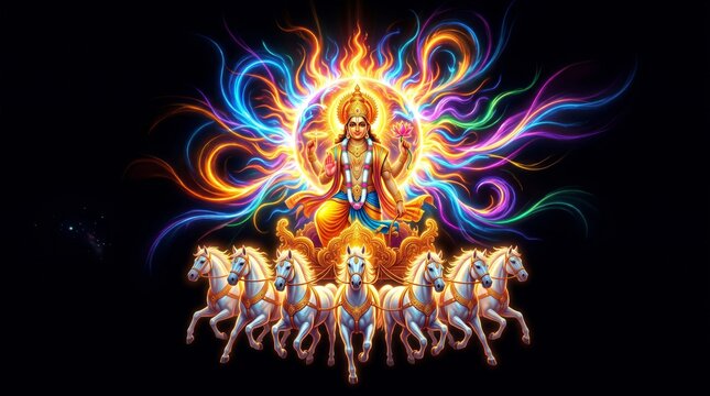 Hindu gods surya riding golden chariot drawn by seven horses with mythology spiritual religion