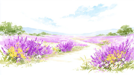 Obraz premium Watercolor illustration of a blue sky and a lavender field / 青空とラベンダー畑の水彩イラスト