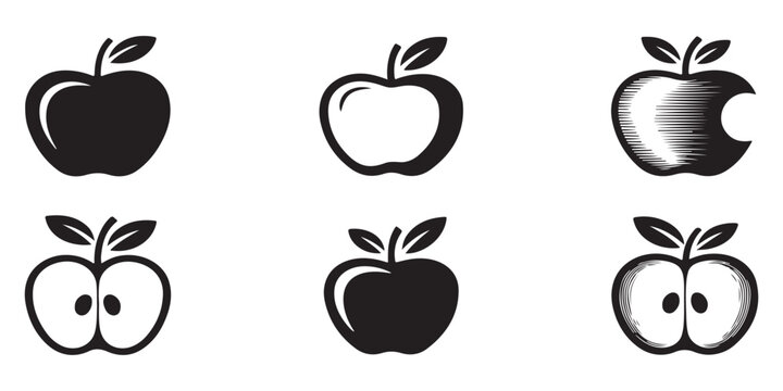 Collection of apple vector icons featuring whole, bitten, and cut in half designs in black and white.