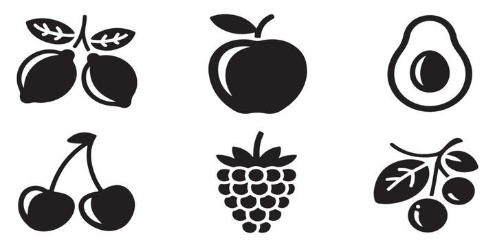 Variety of fruit icons including lemons, apple, avocado, cherries, and raspberries in black and white.