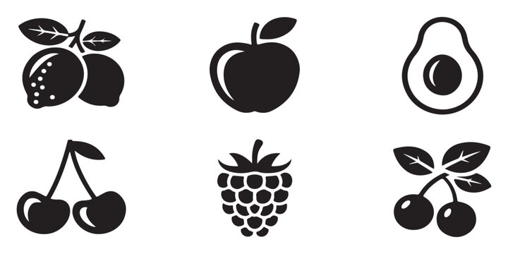 Variety of fruit icons including lemons, apple, avocado, cherries, and raspberries in black and white.
