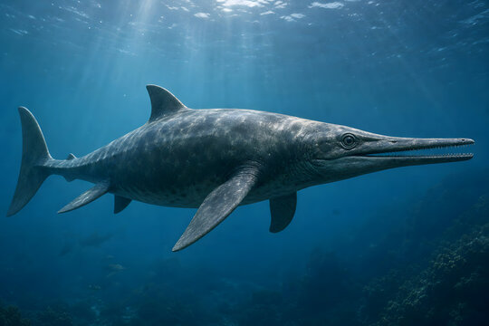 Ichthyosaur Gliding Through Sunlit Prehistoric Ocean Depths