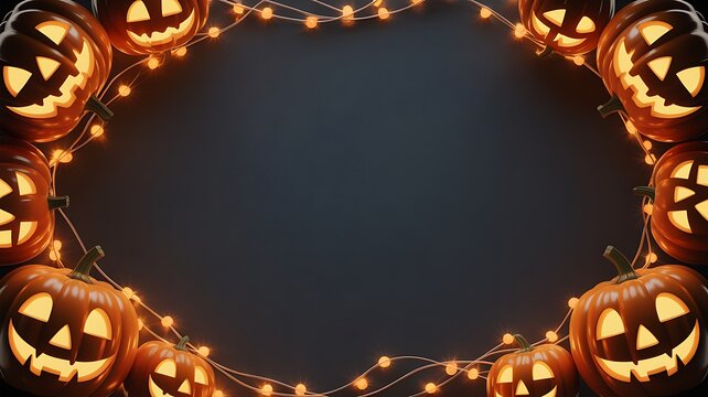 Halloween jackolanterns with string lights on transparent background for party decoration