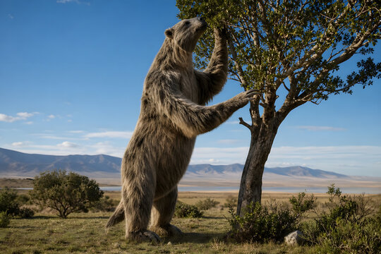 Giant ground sloth browsing on a Pleistocene plain