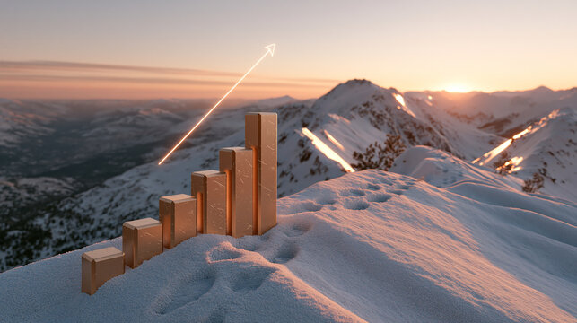 Wooden Bar Graph Rising on Snow Covered Mountain Peak during Golden Sunrise