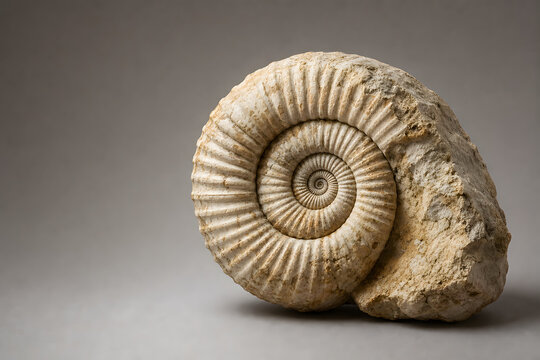 Ancient ammonite fossil spiral shell in soft light
