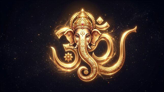 Hindu gods ganesha icon merged with golden om symbol religion spiritual spirituality hinduism