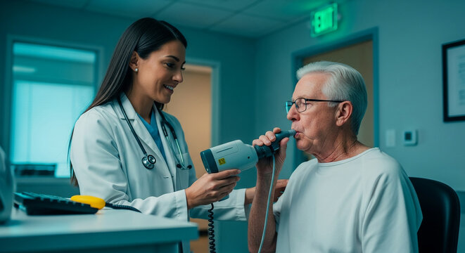 Female Professional Doctor Administering a Lung Function Spirometry Test to an Elderly Male Patient in a Modern Medical Clinic for Respiratory Health