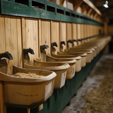 An orderly row of wooden troughs, filled with feed, lines the interior structure of a rustic agricultural barn.