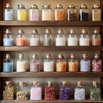 An organized display of various colored bath salts and minerals arranged in glass jars on rustic wooden shelves.