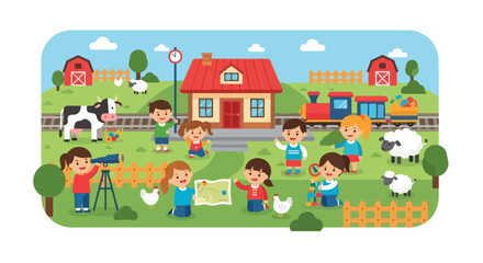 Fototapeta premium Joyful children engage in various outdoor activities on a vibrant farm featuring animals, a cozy house, and a cheerful train passing by.
