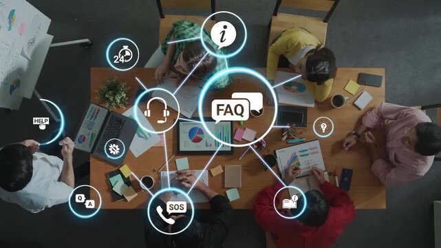FAQ and online help icons show question, answer, and support system. FAQ improves online help experience, customer service quality, and FAQ knowledge access. Funnel