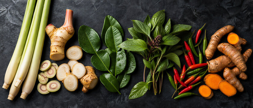 Fresh Thai Herbs and Spices Flatlay on Black Stone Background