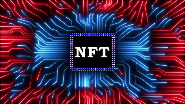 Futuristic electronic circuit board animation with glowing nft crypto cpu chip.