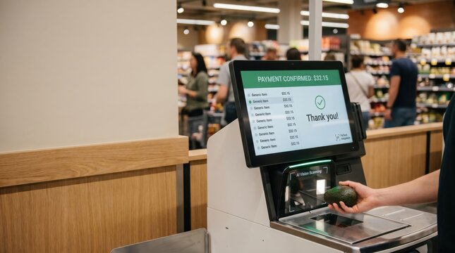 Instant payment nfc smartphone concept. Self checkout kiosk in supermarket with shopper scanning produce