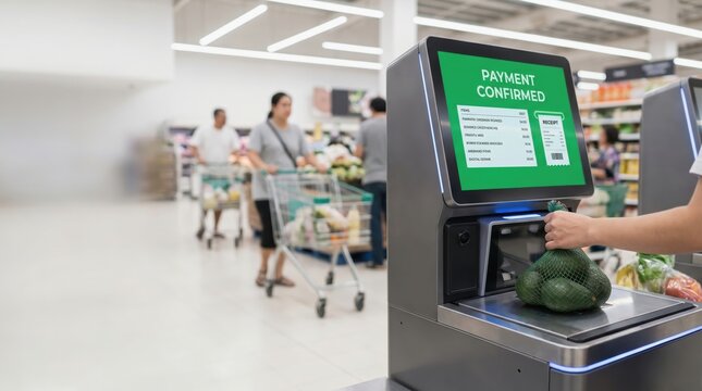 Instant payment nfc smartphone concept. Customer using self-checkout kiosk in a busy supermarket