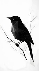 Geometric black bird perched on delicate branches against a stark white background, symbolizing modern nature and minimalist design.