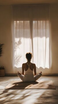 A woman practicing a peaceful yoga pose indoors, bathed in soft natural sunlight filtering through sheer window curtains.