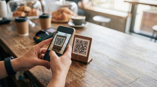 Instant payment nfc smartphone concept. Person scanning a QR code with smartphone at a cafe counter
