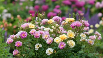 Obraz premium Colorful Blooming Roses in a Lush Garden Setting with a Variety of Vibrant Flowers in the Background Creating a Serene and Beautiful Atmosphere