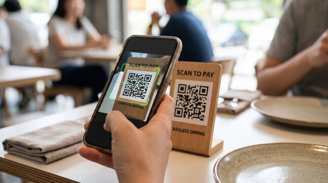 Instant payment nfc smartphone concept. Person scanning QR code with smartphone to pay at restaurant table