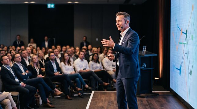 Confident Male Speaker Presenting Data Graph on Large Screen to Audience in Conference Hall