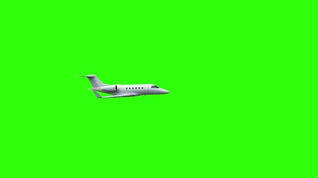 A sleek, white twin-engine private business jet airliner flies smoothly through the air in a side profile view. Isolated on a solid chroma key green screen background, this 3D animation asset is perfe