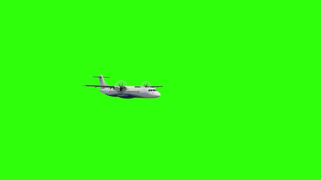 A modern twin-engine turboprop commercial regional airliner flies through the frame with spinning propellers. Shot from a side profile perspective against a flat chroma key green screen, this 3D model