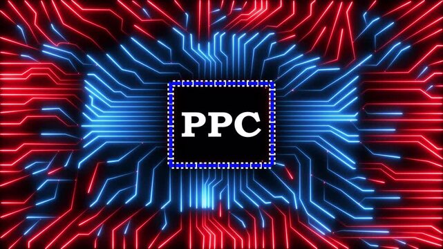 Digital processor chip unit with neon glowing circuit lines and ppc text animation.