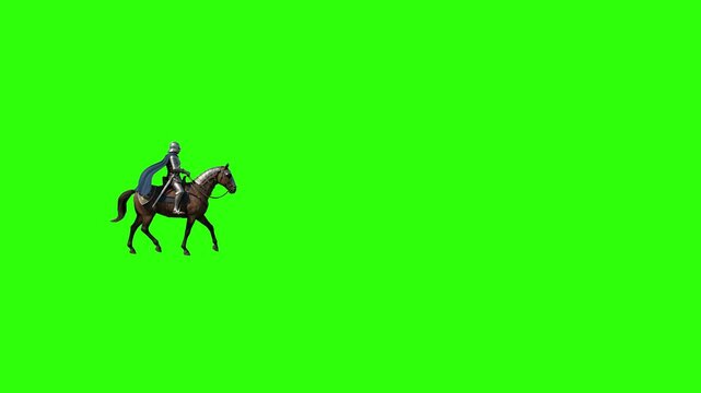 A detailed 3D animated medieval knight clad in full plate armor rides a brown horse at a steady pace against a flat green screen. This historical warrior character asset is ideal for fantasy visual ef
