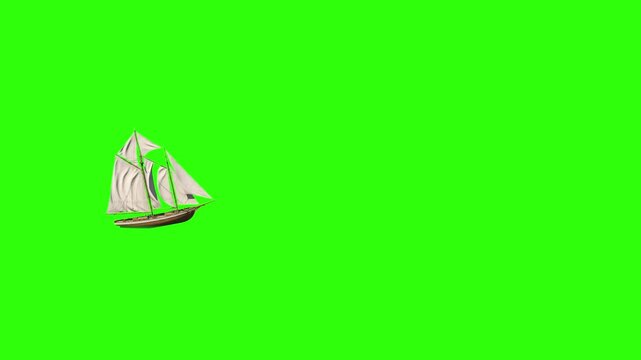 A clean 2D animated vintage wooden sailboat with prominent green striped sails glides across a solid chroma key green screen background. This loopable maritime asset is perfect for sea adventure carto