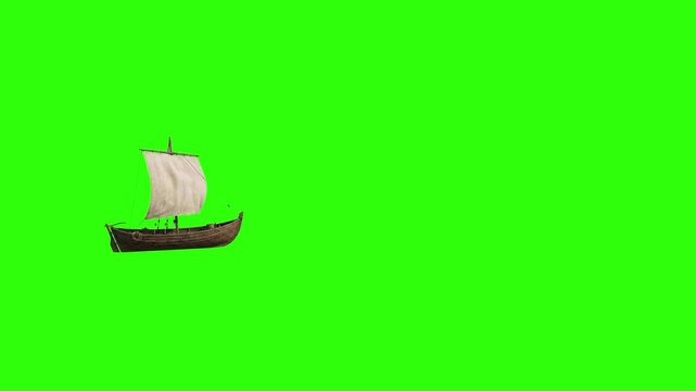 A detailed 3D animation of an ancient wooden sailboat or galley ship sailing across the frame against a chroma key green screen backdrop. Perfect for historical documentaries, nautical storytelling, a