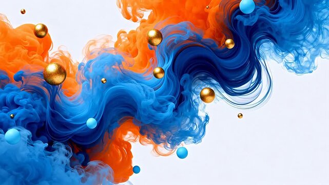 Abstract swirling blue and orange smoke with spheres