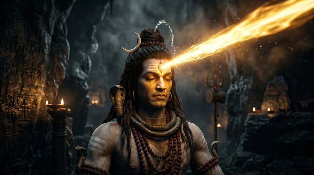 Hindu gods lord shiva opening third eye with cosmic fire spirituality religion mythology