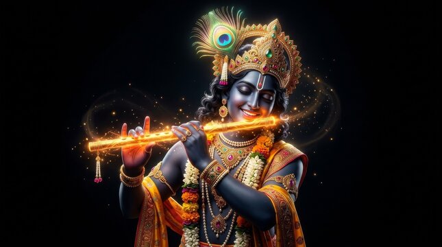 Hindu gods lord krishna playing glowing magical flute with mythology religion spirituality