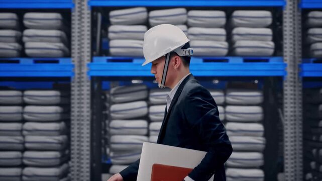 Side View of Asian Businessman Holding Computer While Walking at Warehouse storage with stacked white sacks