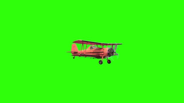 A classic vintage red biplane shown from a side profile perspective flying through space. Isolated against a chroma key green screen backdrop, this detailed aviation asset is perfect for historical do