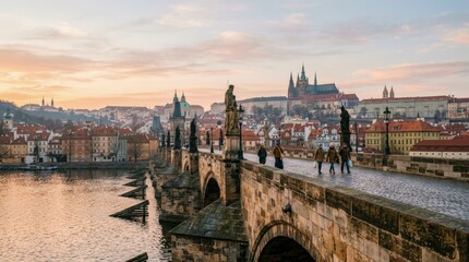 Naklejka premium Historic Bridge Over River at Sunset in Prague.