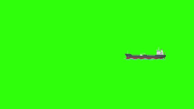 A long, flat 2D animated industrial oil tanker or cargo supertanker ship moves steadily across a vibrant chroma key green screen background. This loopable freight vessel sprite is perfect for logistic