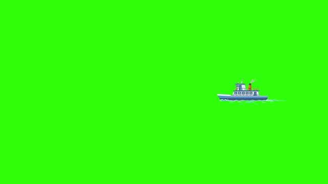 A classic blue and white 2D animated passenger ferry boat travels smoothly in profile view over a flat chroma key green screen. Perfect for drag-and-drop integration into public transit simulations or