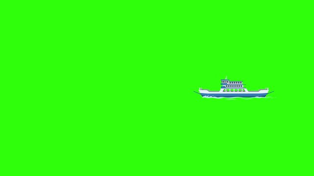 A classic blue and white 2D animated passenger ferry boat travels smoothly in profile view over a flat chroma key green screen. Perfect for drag-and-drop integration into public transit simulations or