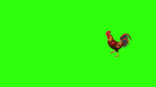 A colorful red and brown farm rooster strutting and walking in profile against a flat chroma key green screen. This loopable 2D animated bird asset provides a quick, drag-and-drop graphic element for 