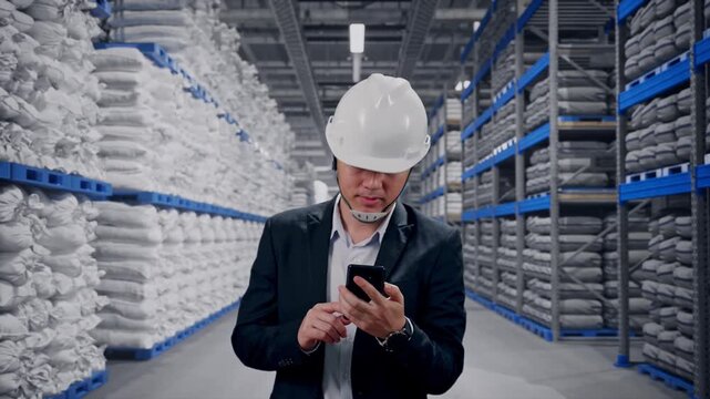 Front View of Asian Businessman Use Smartphone While Walking at Warehouse storage with stacked white sacks