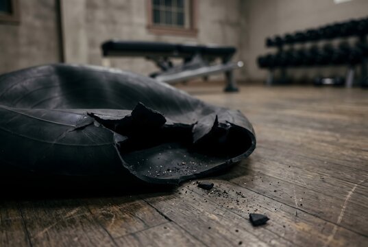 Close up of a sharply torn and deflated thick rubber exercise ball laying flat on a wooden floor