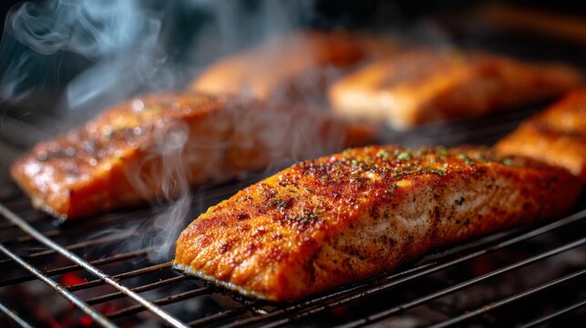 Freshly Grilled Salmon Fillets with Perfectly Crisped Skin and Smoky Flavor Emulating a Delicious Culinary Experience in a Close-Up Photograph