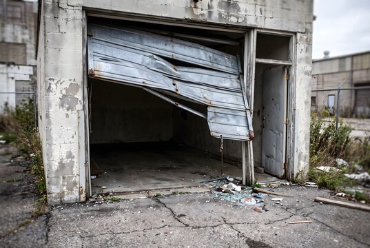 Wide angle shot of a bent and derailed metal garage door at the entrance of an empty dark garage
